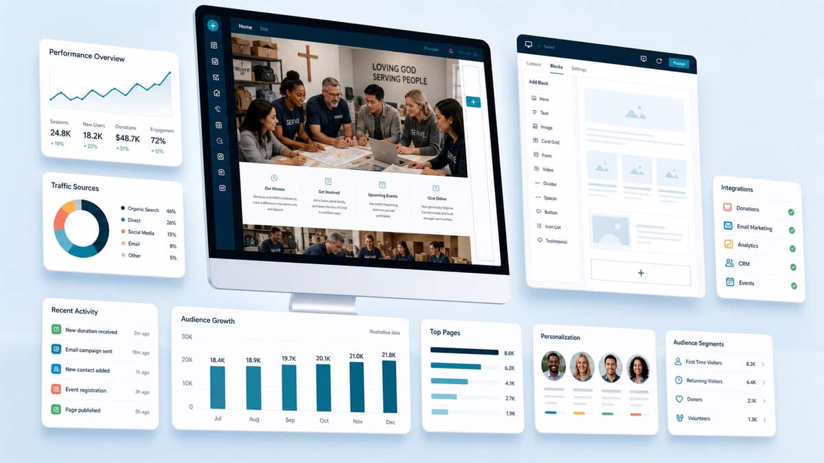 An illustrative Ministry Impact Platform website and analytics interface