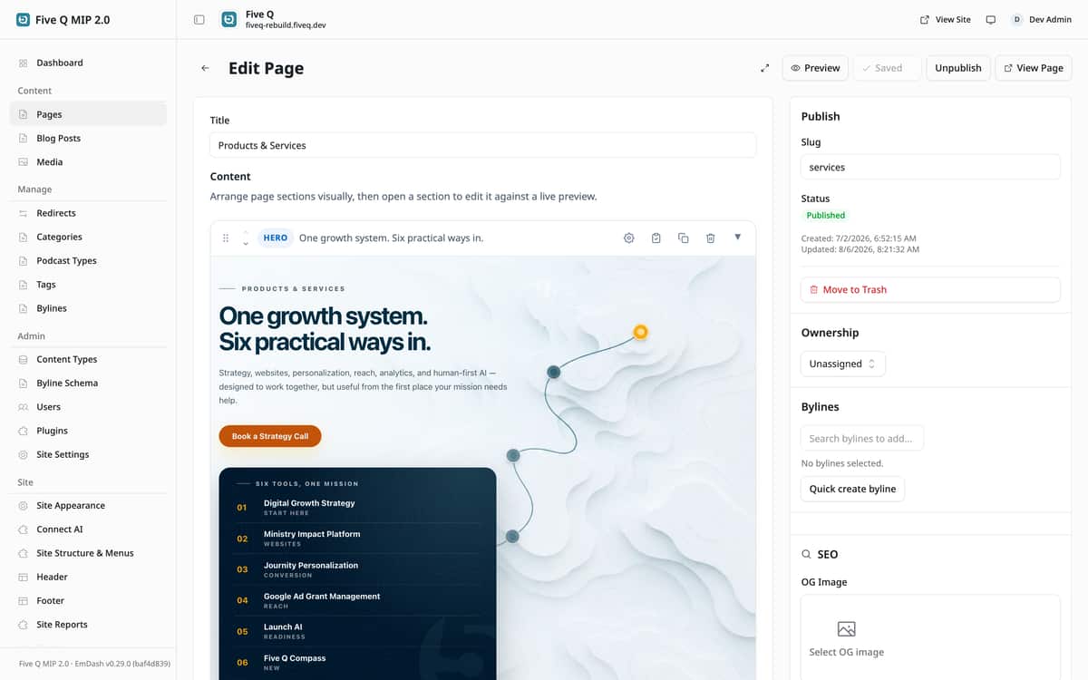 The Ministry Impact Platform page editor: visual section builder with live previews and one-click publishing