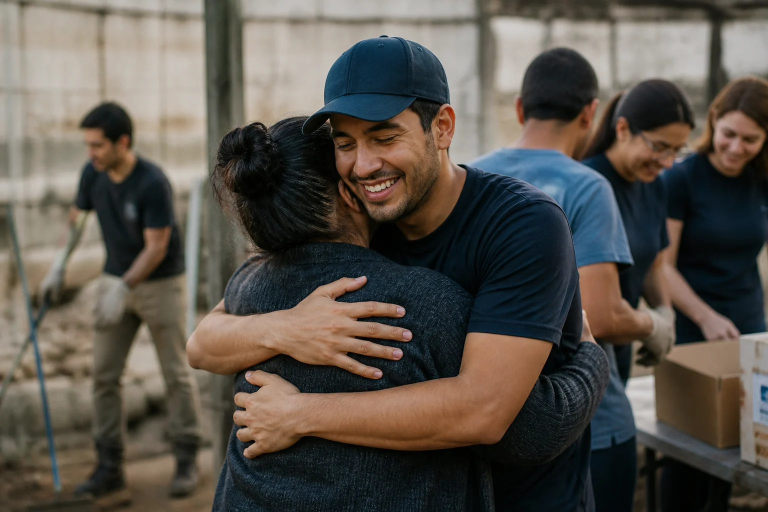 A ministry volunteer embracing a community member after serving together