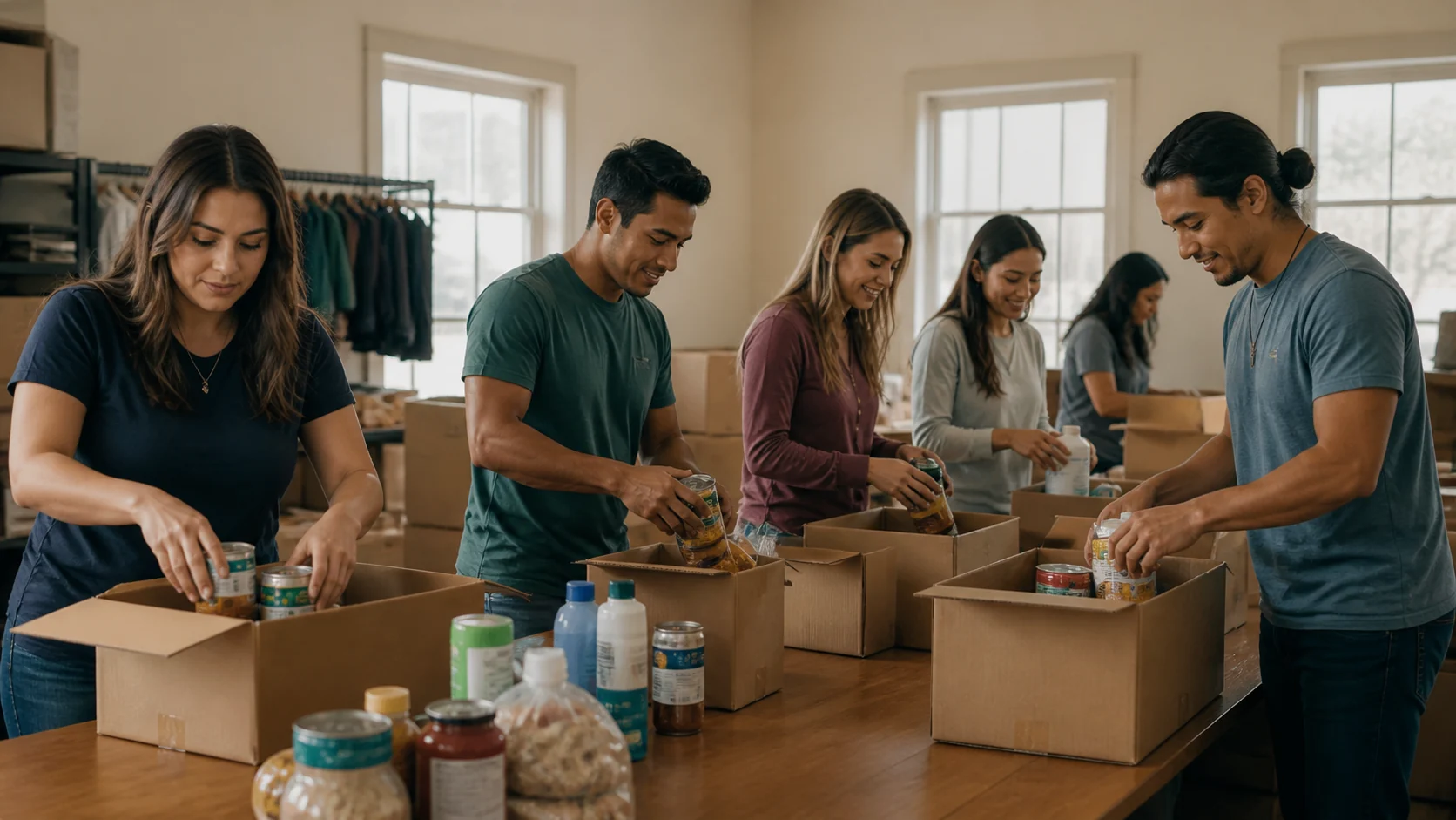 A ministry volunteer team packing food and supplies