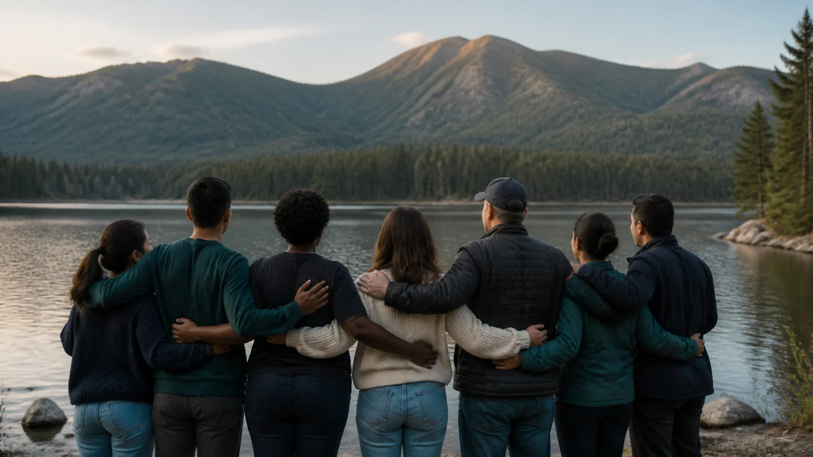 A ministry team standing together beside a mountain lake