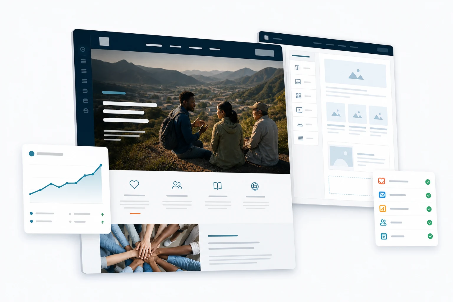 Ministry Impact Platform website with visual editor, analytics, and connected integrations